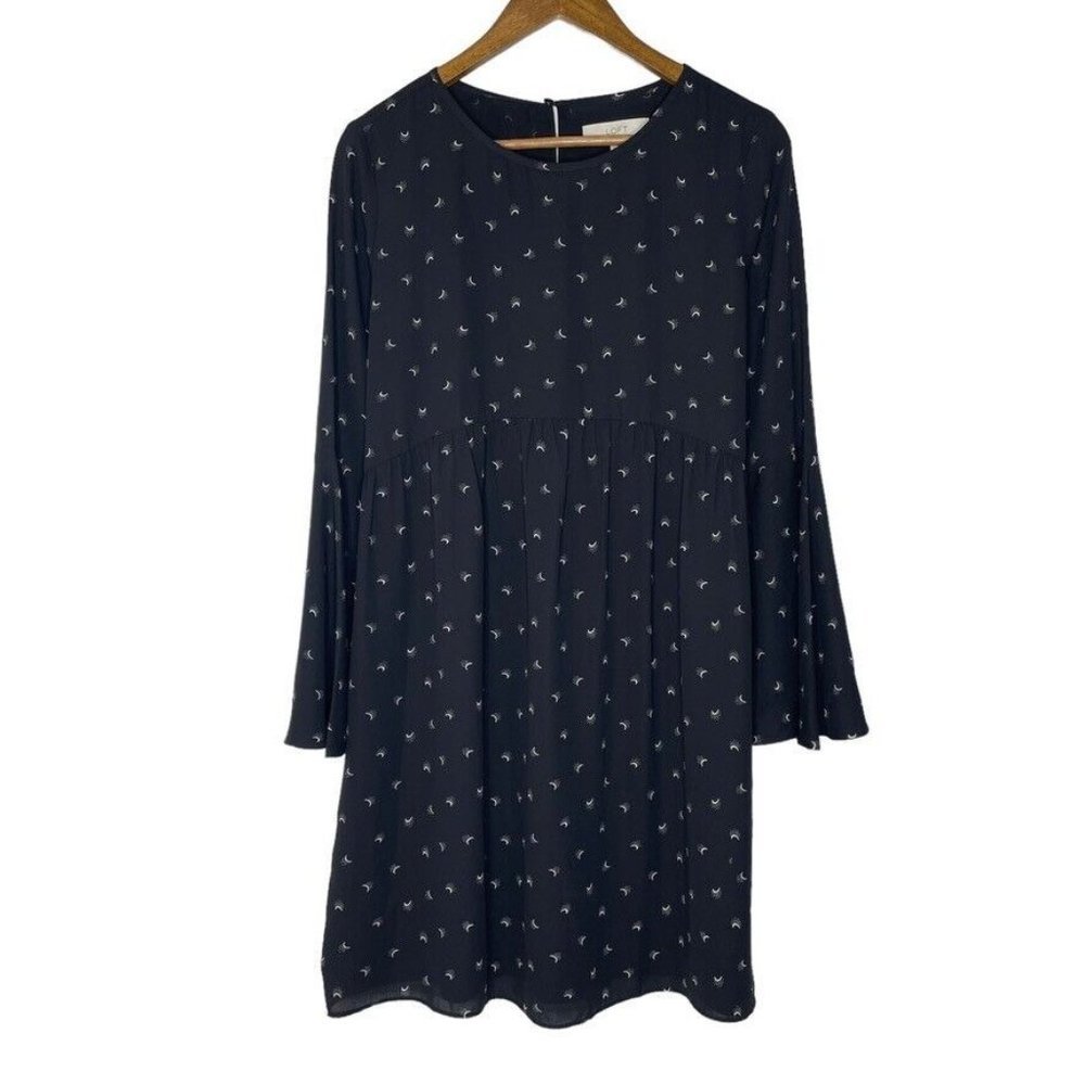 Loft Black Crescent Moon Print Long Bell Sleeve Dress Size Medium